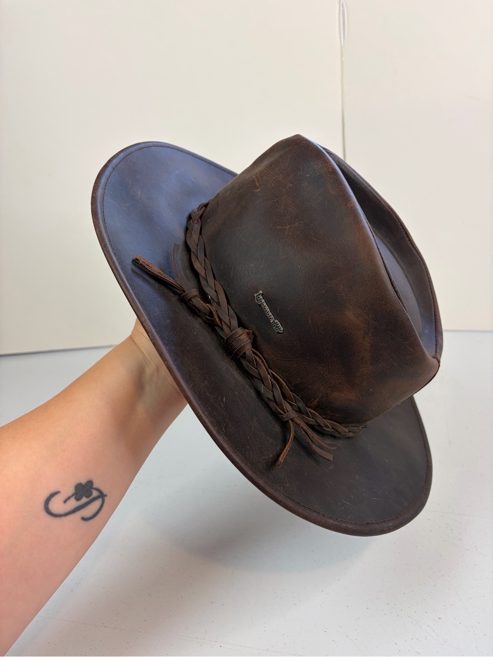 LAGOMARSINO Travel & Safari Hat Vintage Brown Leather Size XL Festival Western
